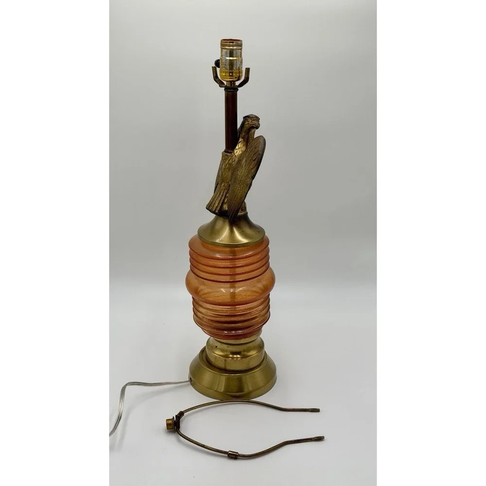 Vintage Eagle Table Lamp Amber Glass Brass Tone